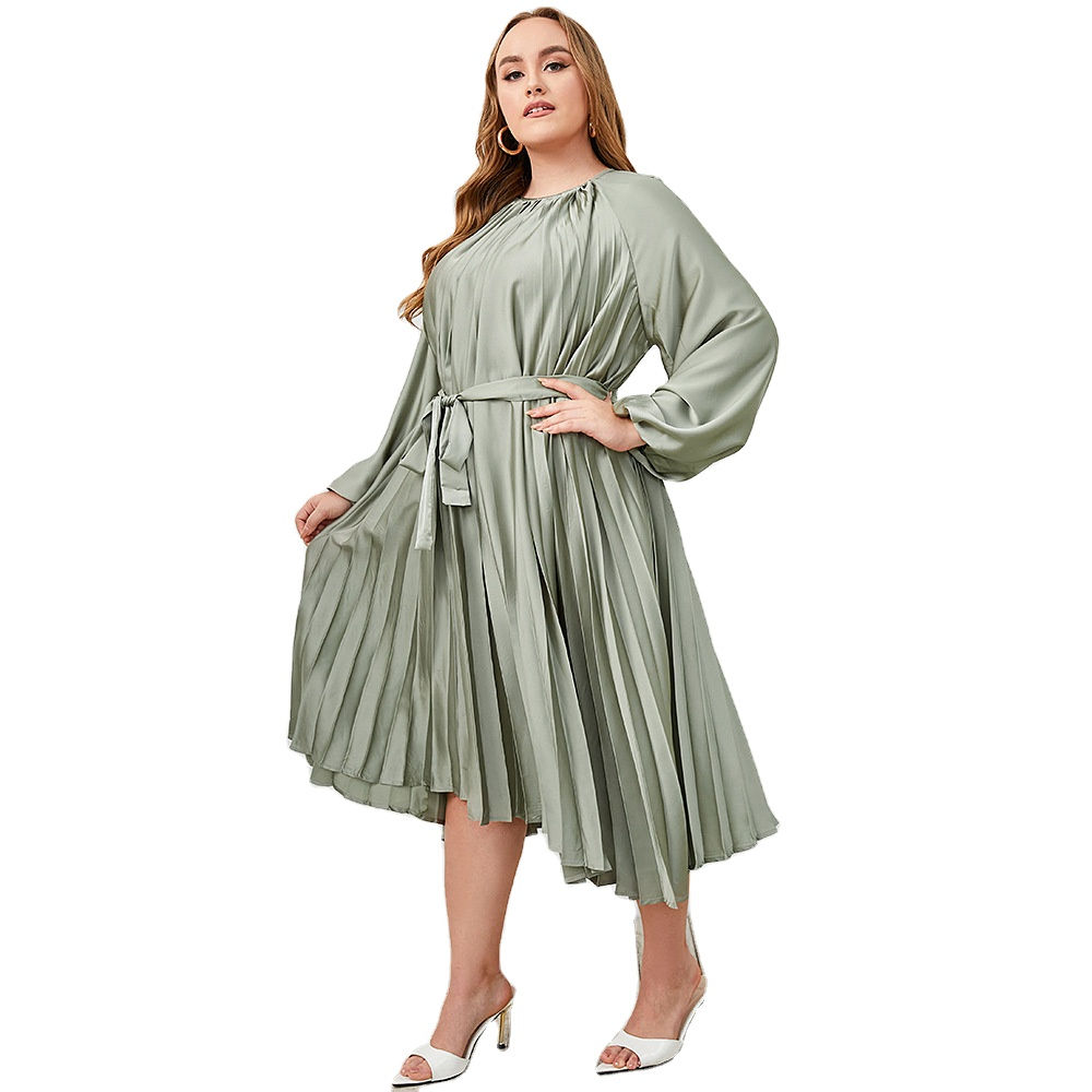 Plus Size Pleated Green Dress Round Neck Elegant Lace Casual Style