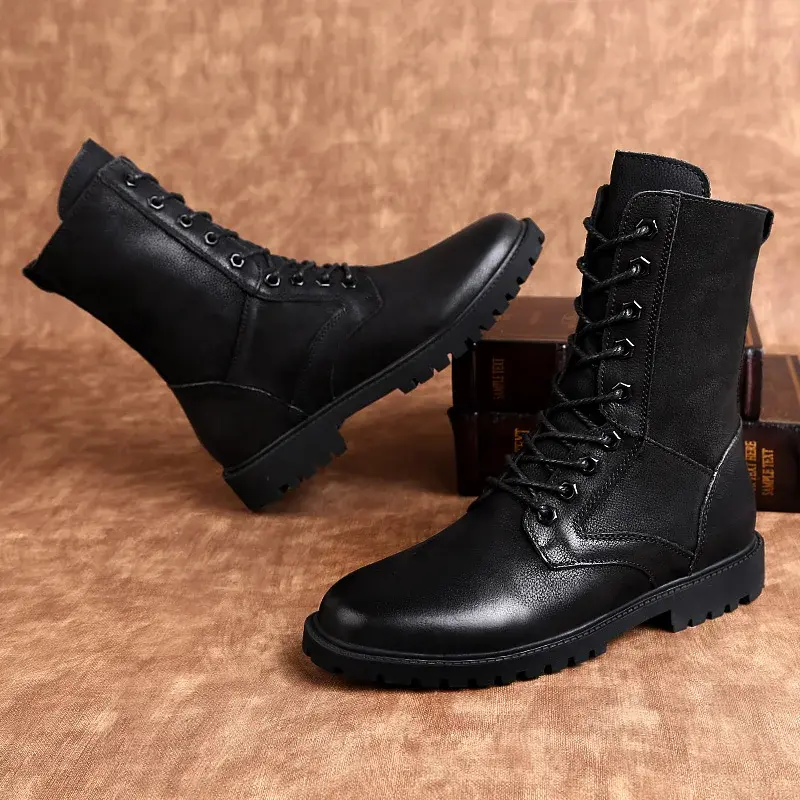 Thumbnail: Luxury Black Casual Rubber Boots for Men with Genuine Leather and Stitching