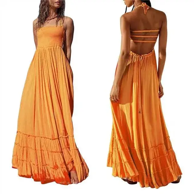 Thumbnail: Women’s Backless Cotton Lace‑Up Beach Strap Maxi Dress