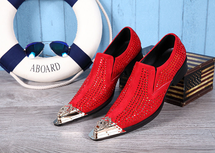 Thumbnail: Red Genuine Leather Pointed Toe Derby Shoes with Metal Tip & Crystal Detail