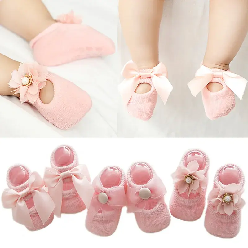 Thumbnail: 3 Pairs Baby Girl Princess Socks – Soft Cotton Lace Bow Flower Socks (0–12M)