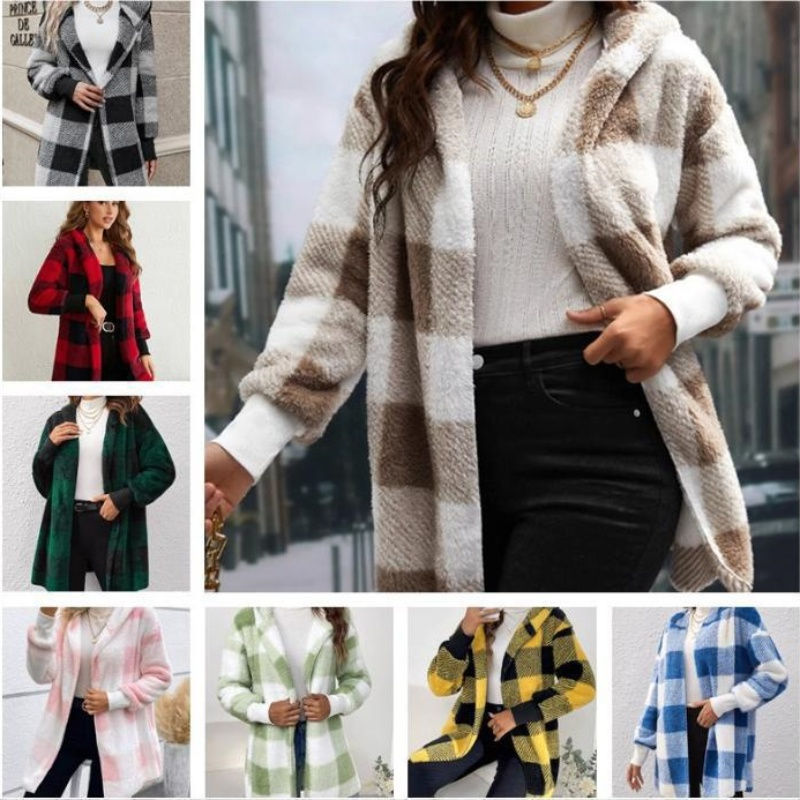 Thumbnail: Women Long Sleeve Fleece Plaid Cardigan Soft Warm and Loose Autumn Winter Wear