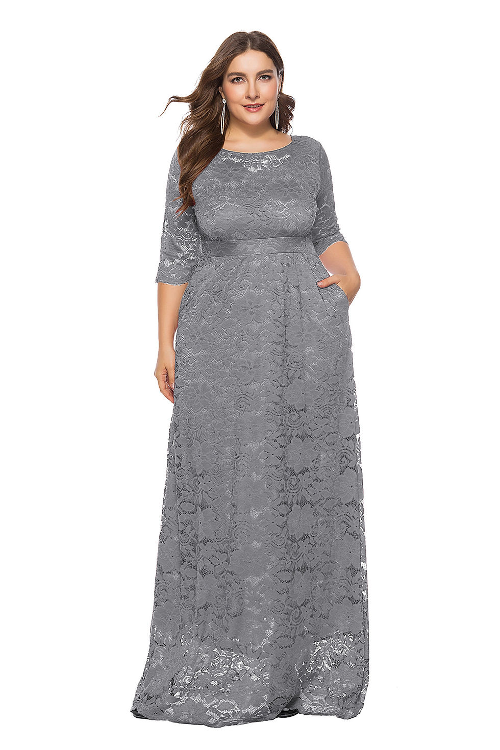 Thumbnail: Women’s Plus Size Hollow Lace Pocket Long Evening Dress European