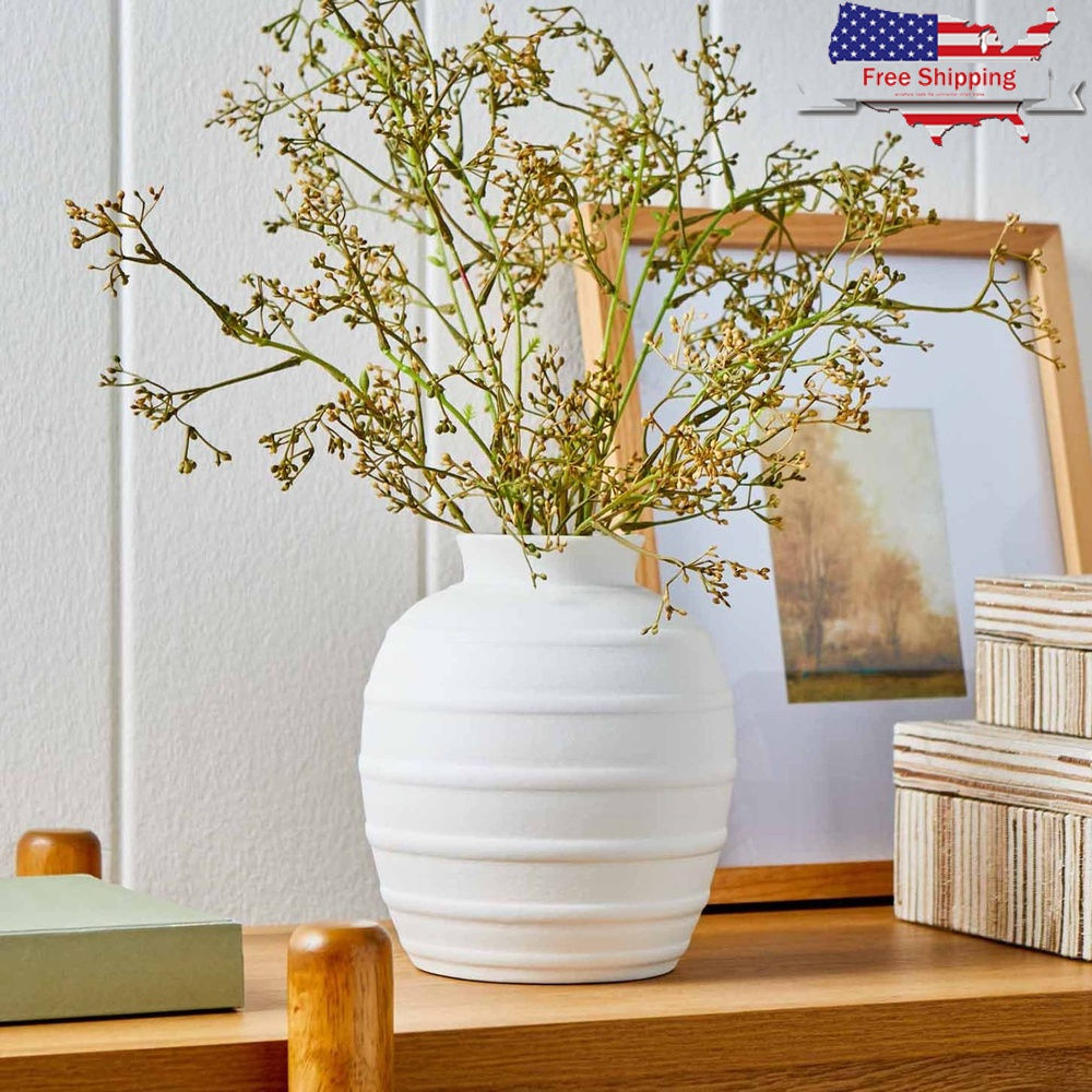 Textured Ribbed Ceramic Flower Vase 8 Inch Indoor Vase Decor
