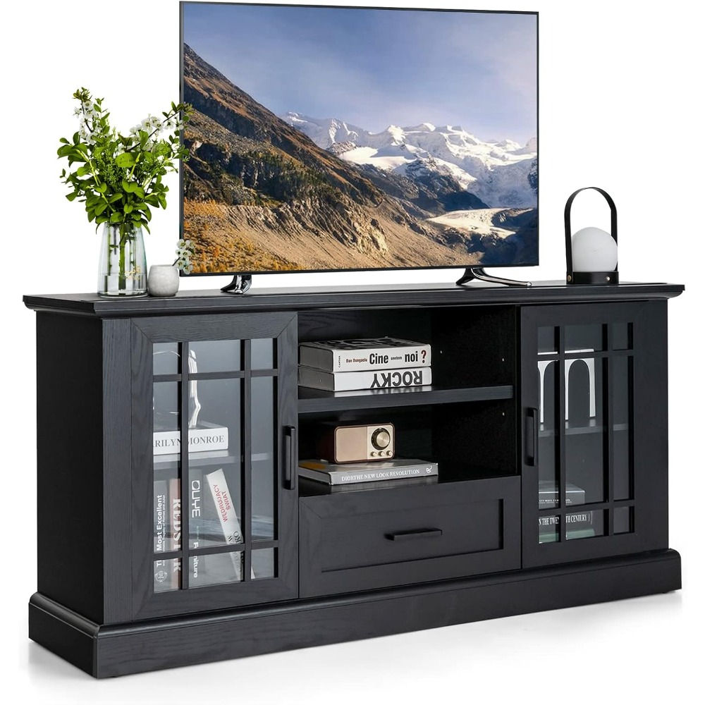 70 Inch Farmhouse TV Stand with Glass Doors & Adjustable Shelves – Black Finish