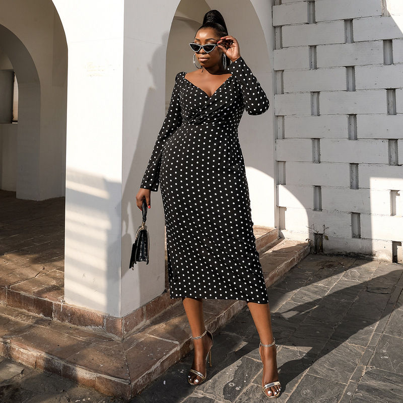 Thumbnail: Elegant White Polka Dot Herringbone Collar Plus Size A-Line Casual Summer Dress