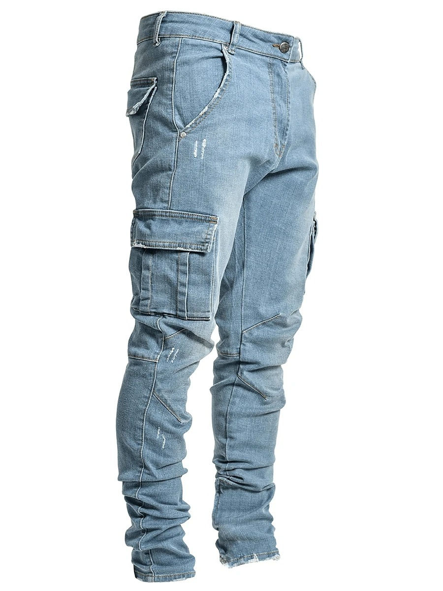 Thumbnail: Men’s Fashion Cargo Denim Trousers with Bellows Pockets Designer Washed Jeans