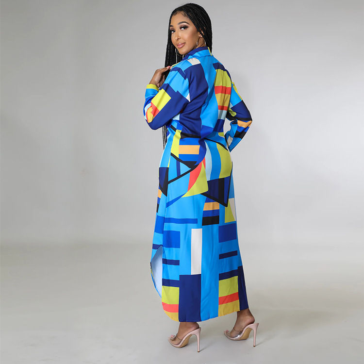 Thumbnail: Autumn Multi-Print Button Shirt Dress Long Sleeve Side Split Vintage Dress