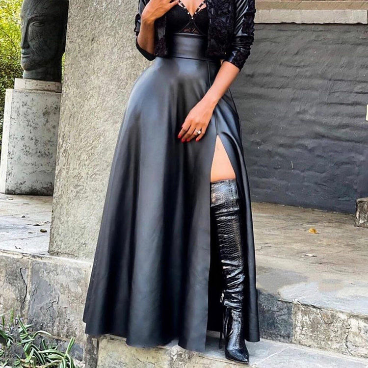 Thumbnail: Women's High Waist PU Leather Pleated Slit Maxi Skirt