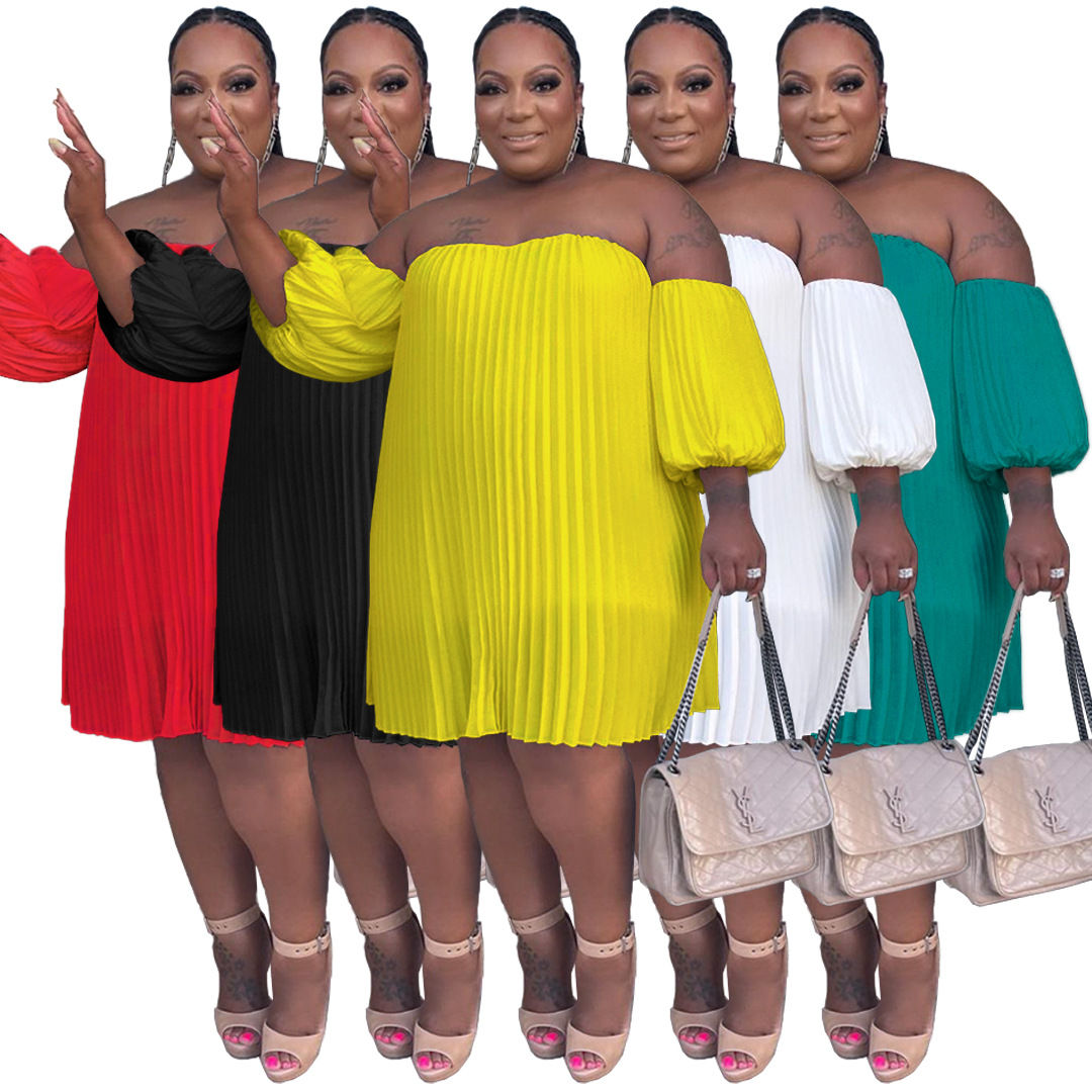 Chiffon Balloon Sleeve Pleated Double Layer Plus Size Elegant Dress