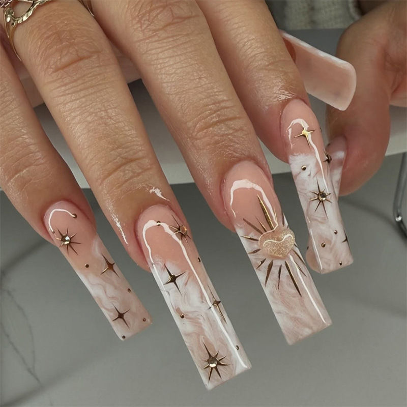 Thumbnail: French Press On Nails Set with Butterfly Rhinestones 24Pcs Long Coffin