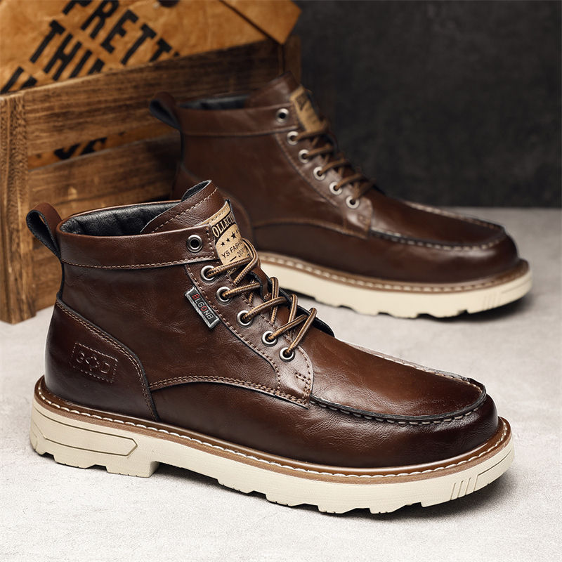 Thumbnail: Mens Leather Motorcycle Boots Thick Sole Non Slip Fashion Winter Ankle Shoes