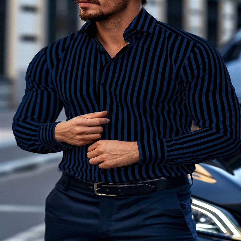 Thumbnail: Men’s Striped Long Sleeve Shirt – Smart Single-Breasted Wear