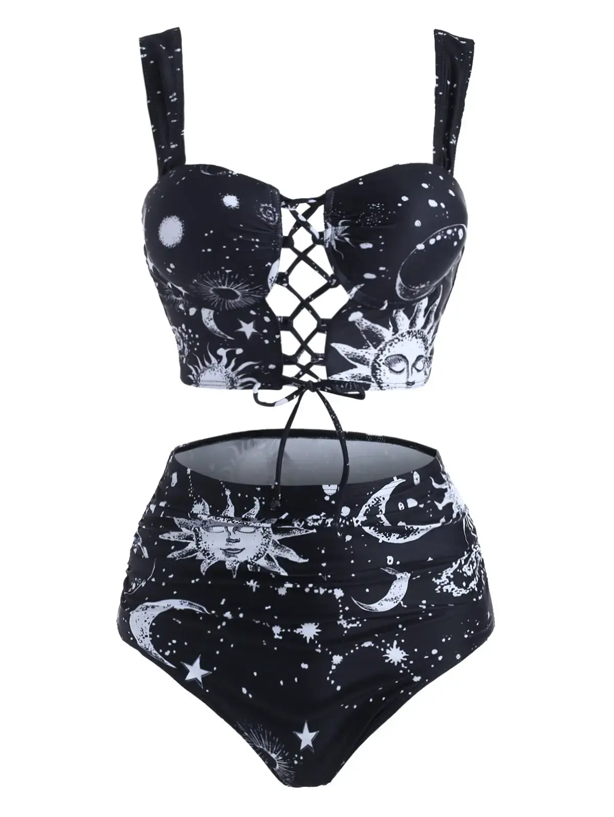 Moon Sun Star Print Lace Up Tankini Set Women Padded Tummy Control