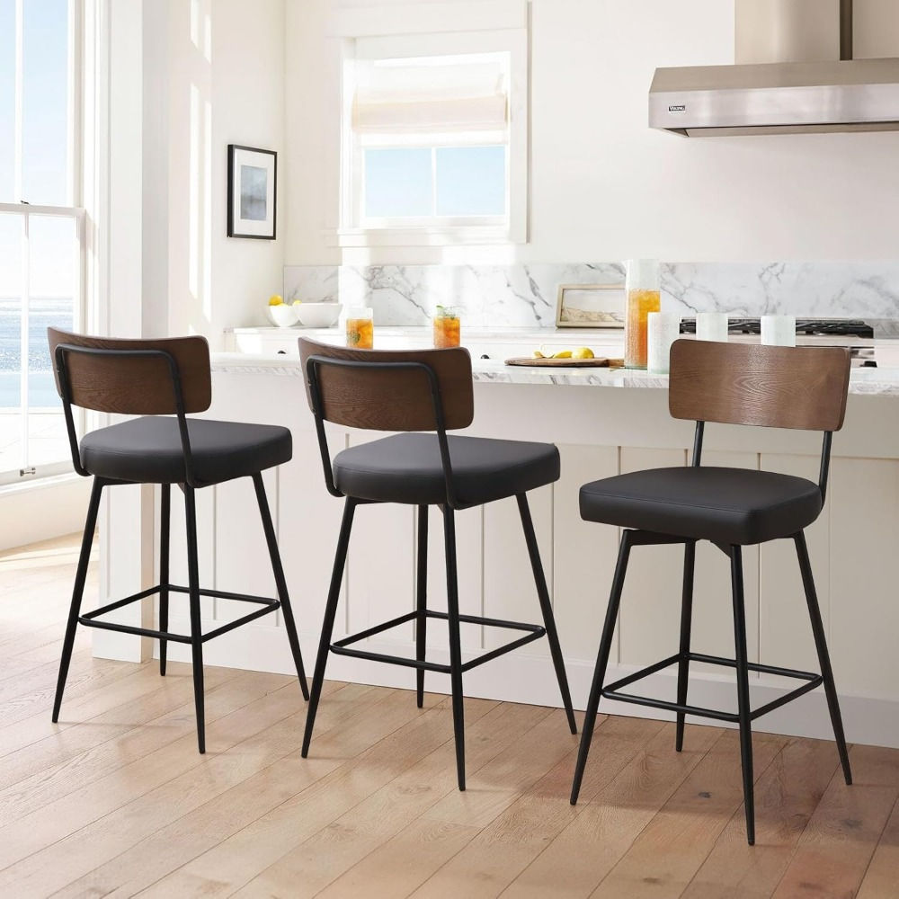 Swivel Bar Stools Set of 3 – 29" Adjustable Height, Faux Leather with Wood Back