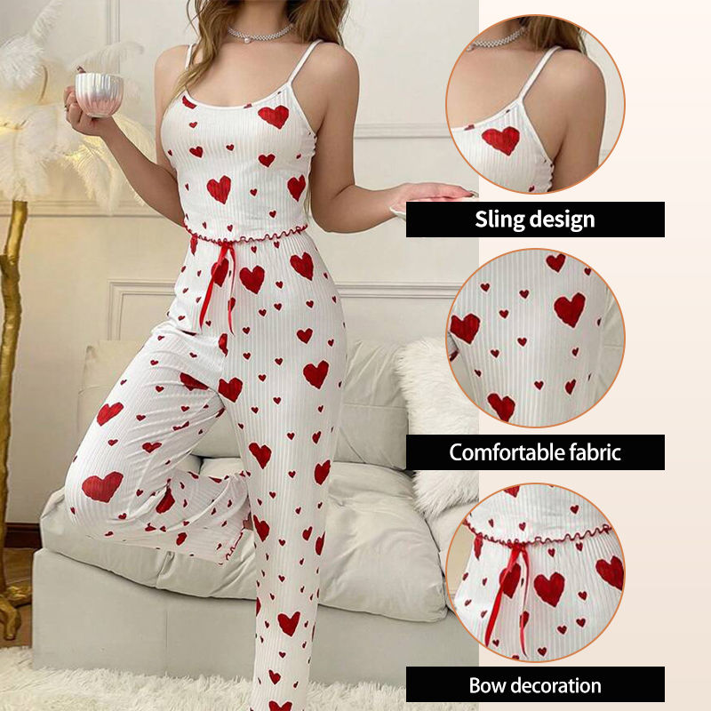 Thumbnail: Womens Ice Silk Printed Vest and Long Pants Set with Bow Detail