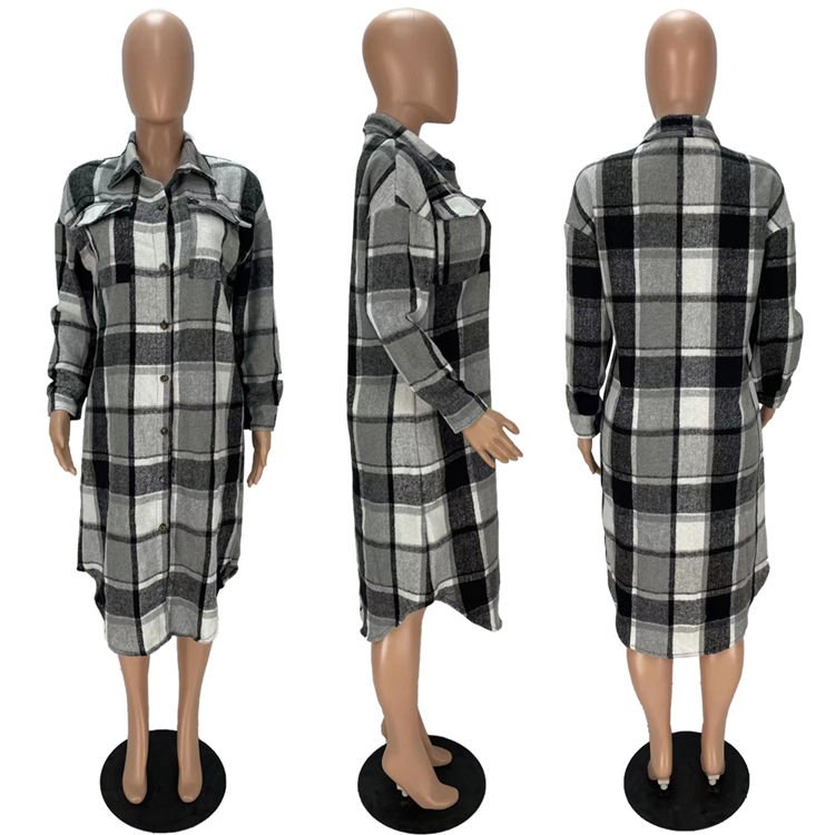 Thumbnail: Classic Plaid Wool-Blend Loose Long Jacket Thicken Shirt Coat