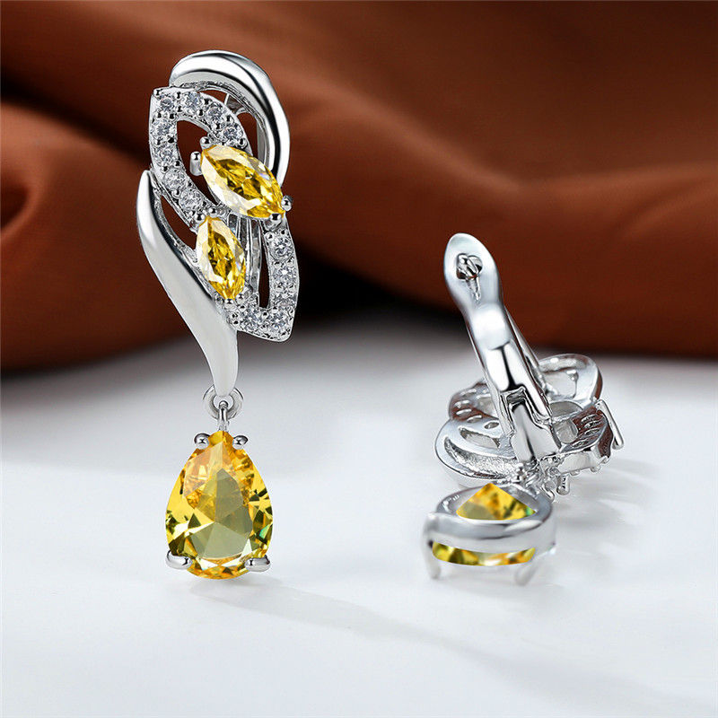 Thumbnail: Luxury Blue Rainbow Stone Clip Earrings for Women – Silver Color Classic Design