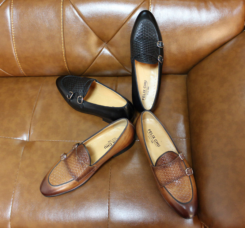 Thumbnail: FELIX CHU Hand-Painted Leather Men’s Loafers with Monk Strap – Black & Brown