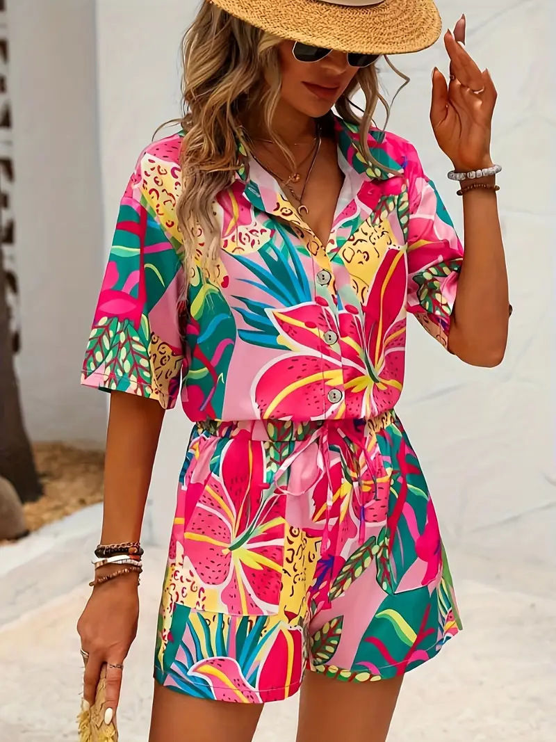 Thumbnail: Two-Piece Hawaiian Vacation Set with Short-Sleeve Shirt and Matching Shorts