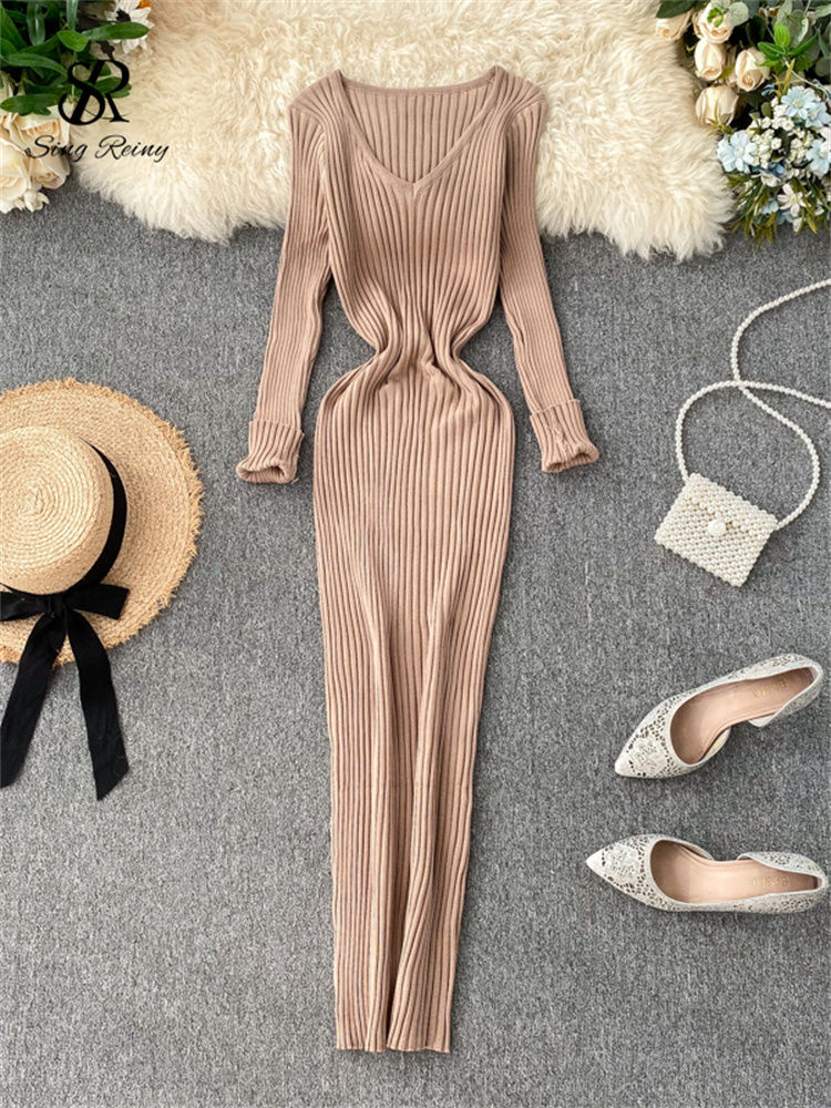 Thumbnail: Women V-Neck Knitted Mid-Calf Dress