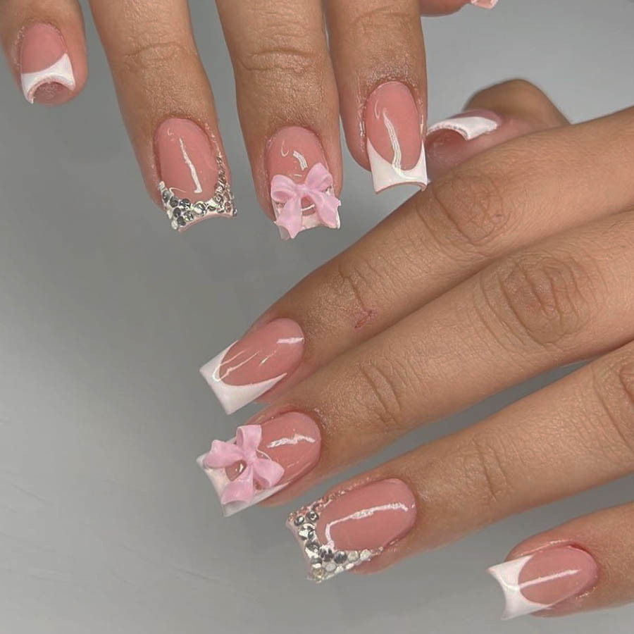 Thumbnail: Pink French Press On Nails Set with 3D Bow and Flower 24Pcs Long Ballerina Tips