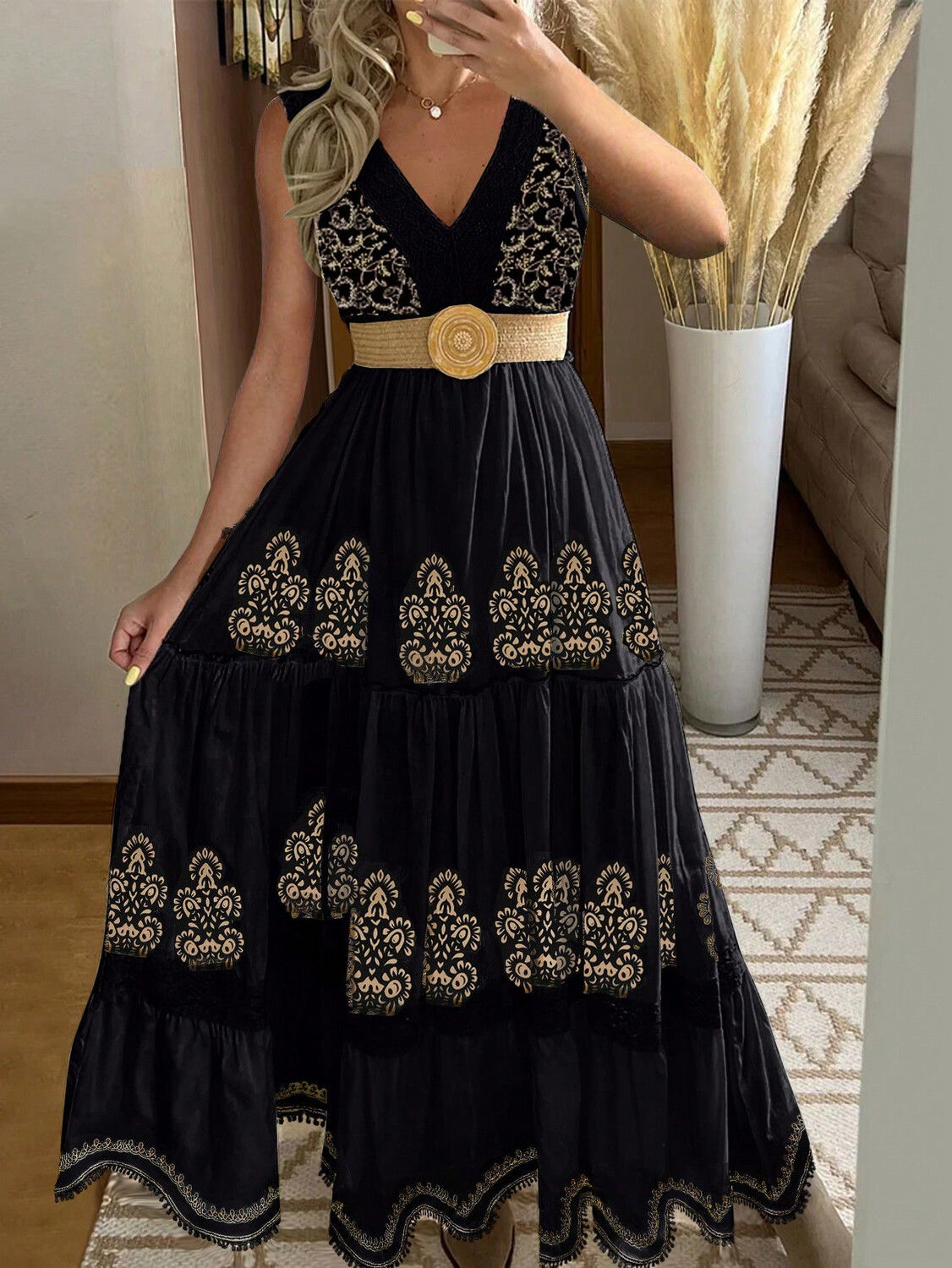 Bohemian Summer Beach Flowy Maxi Dress V-Neck