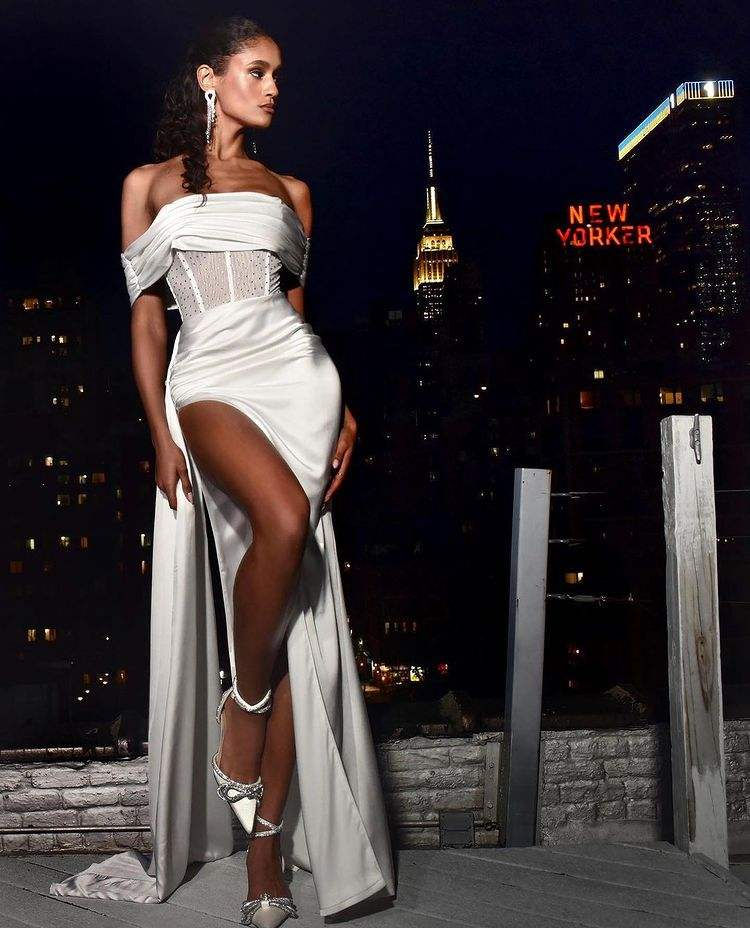 Thumbnail: White Satin Maxi Prom Dress Backless Off Shoulder High Slit Evening