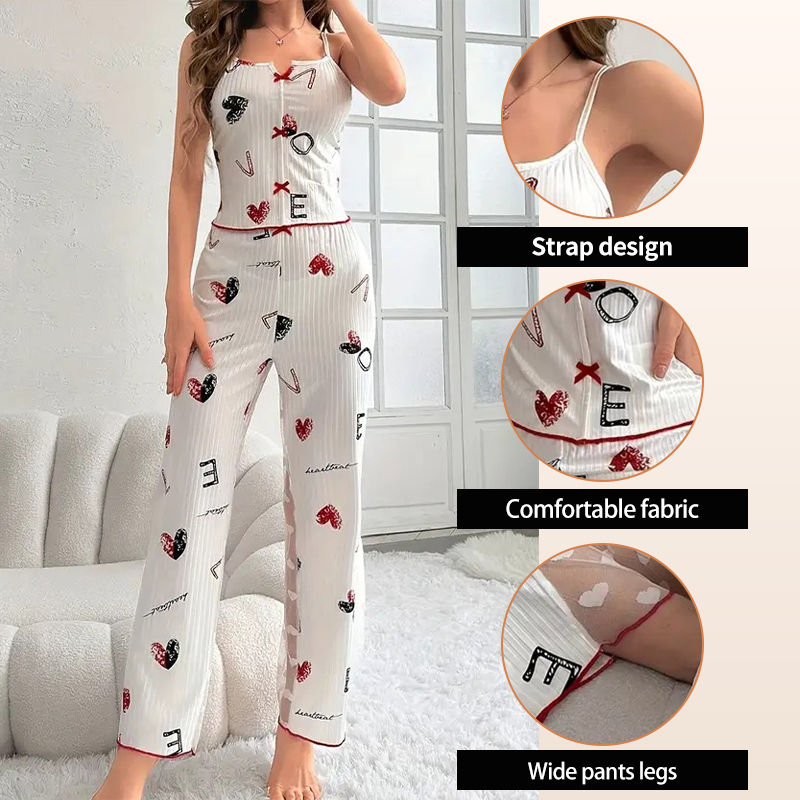 Thumbnail: Women’s Two-Piece Pajama Set – Printed Lace V-Neck Cami Top & Full-Length Pants