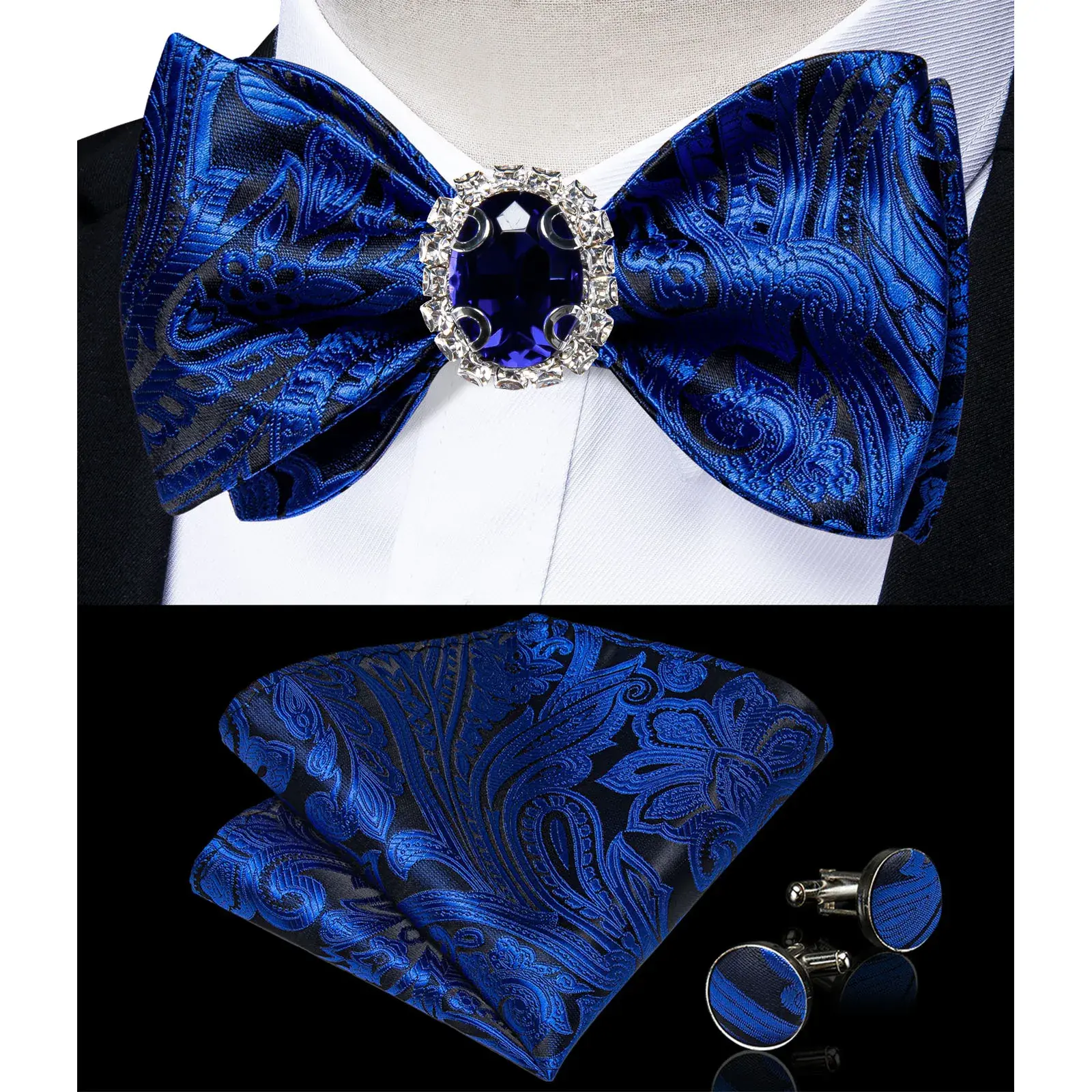 Classic Royal Blue Paisley Bowtie Set with Handkerchief, Cufflinks, and Brooch