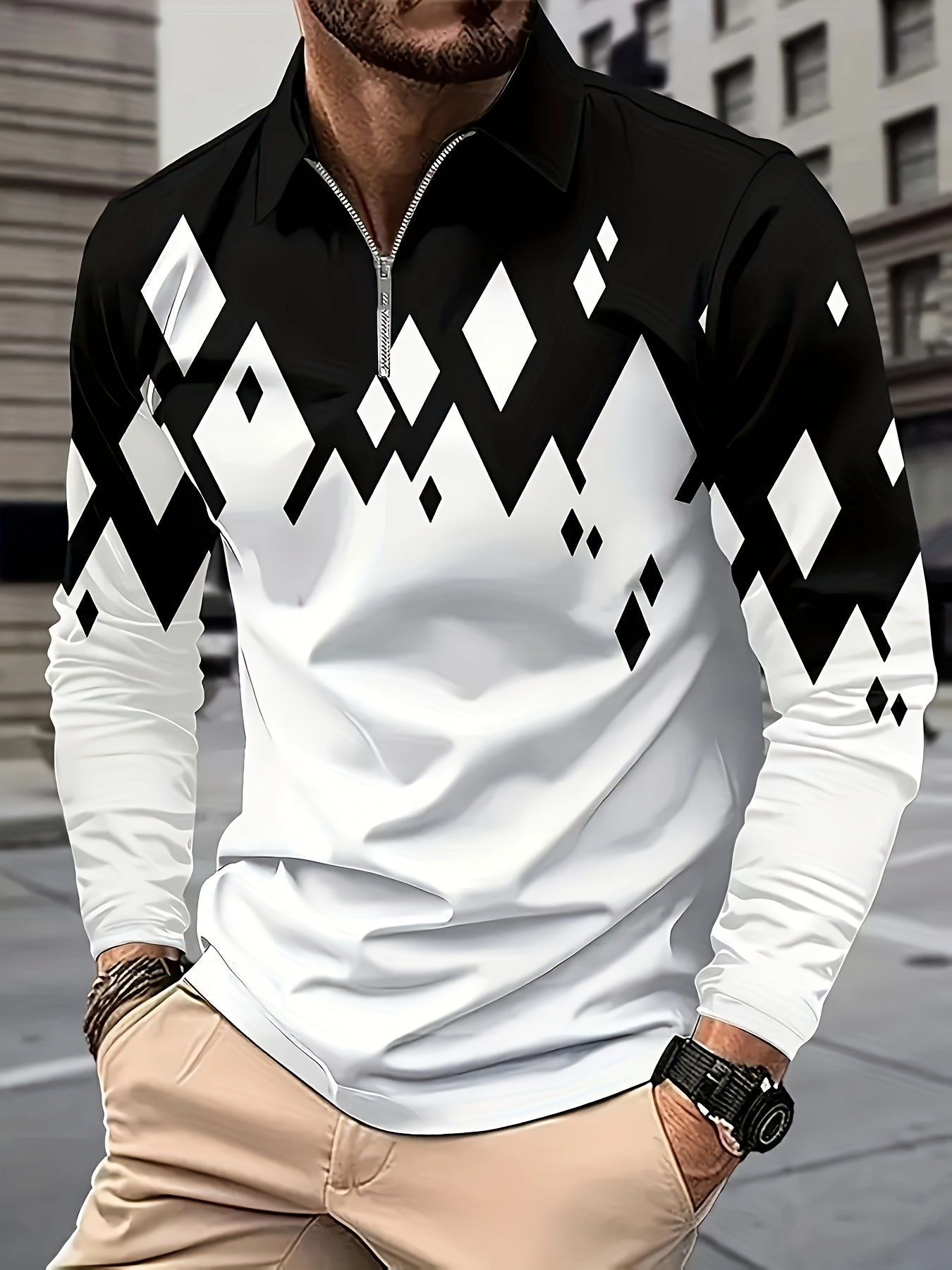 Men’s 3D Long‑Sleeve Polo Shirt with Metal Zipper Casual Travel Top