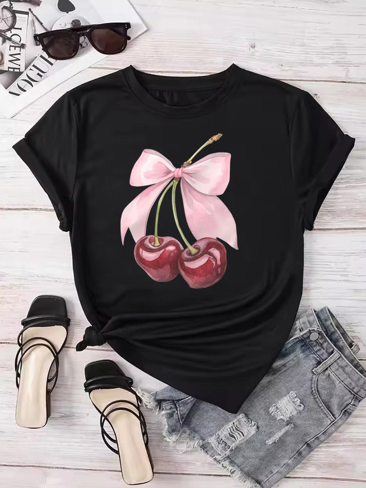 Thumbnail: Fashion Cherry Print Women’s T-Shirt – Casual Crew Neck Short Sleeve Summer Top