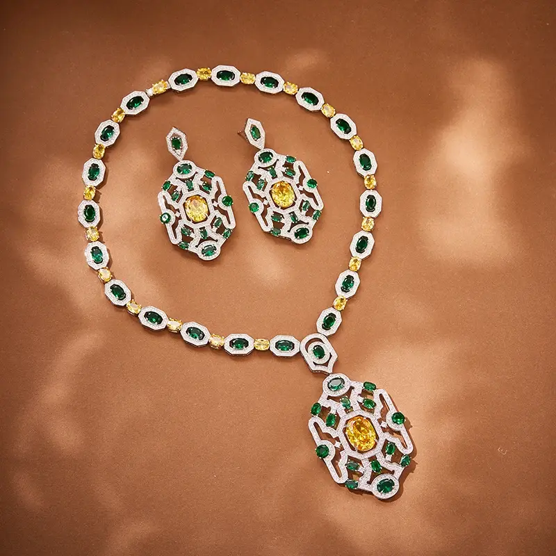 Thumbnail: Brass Inlaid Green Stone Jewelry Set for Women