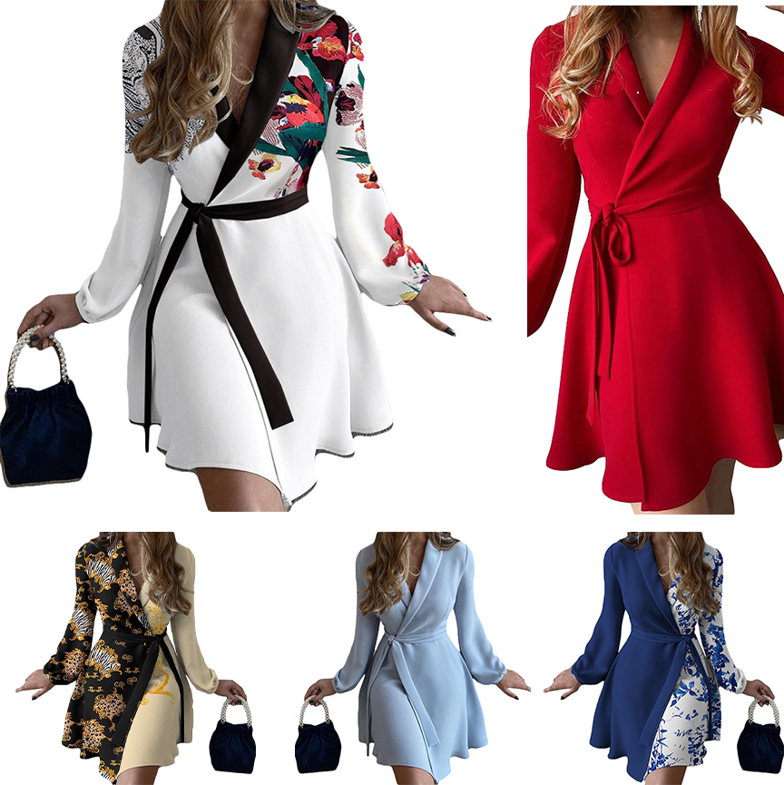 Elegant Floral V Neck Midi Dress for Women with Long Sleeve Design