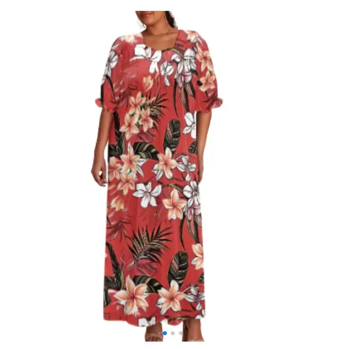 Thumbnail: Purple Floral Puff Sleeve Strapless Mumu Dress Women Summer Casual Dress