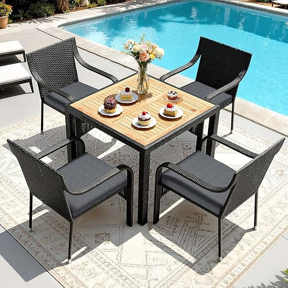 5-Piece Outdoor Patio Dining Set – Square Wicker Table & Chairs with Cushions