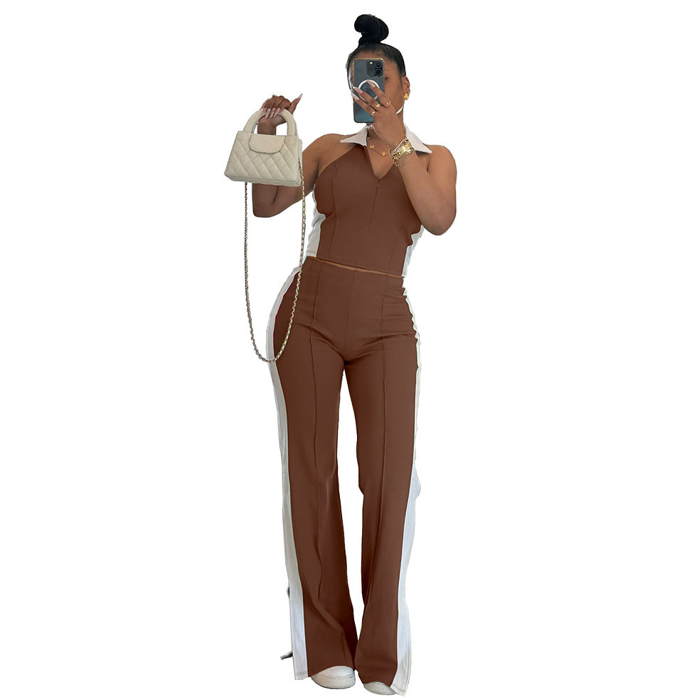 Thumbnail: Sporty Patchwork Women's Set Sleeveless Polo-tank Tops and Slit Flare Pants