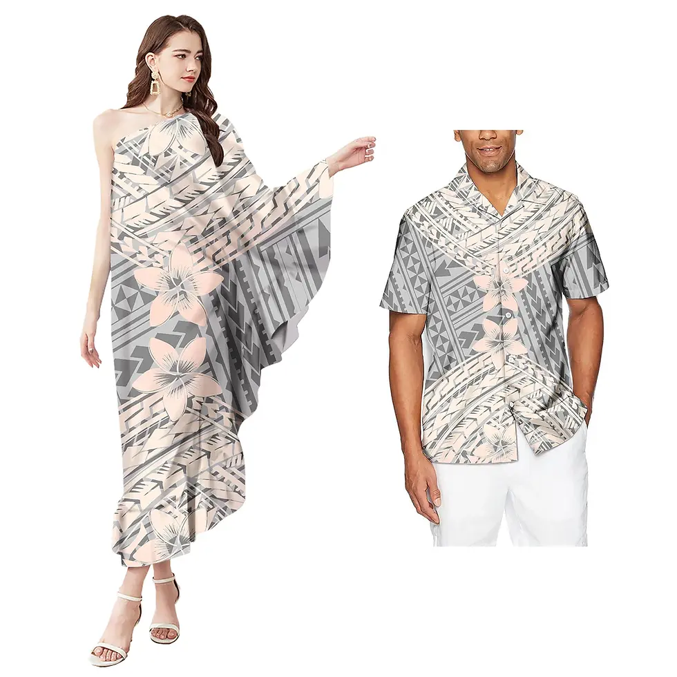 Thumbnail: Printed Off Shoulder Plus Size Dress & Aloha Shirt Couple Matching Set