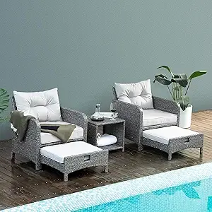 Thumbnail: 5-Piece Patio Furniture Set with Ottomans, PE Wicker Rattan Chairs & Table