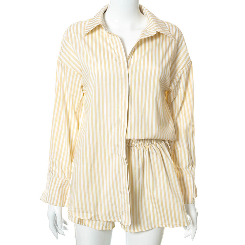 Thumbnail: Loose Fit Striped Blouse Shirt & Shorts Matching Set Women Summer Outfit