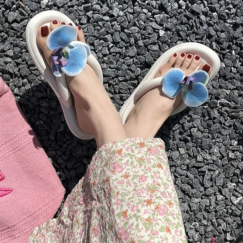 Thumbnail: Butterfly Orchid Flip Flops for Women with Soft Sole and Non Slip Summer Grip
