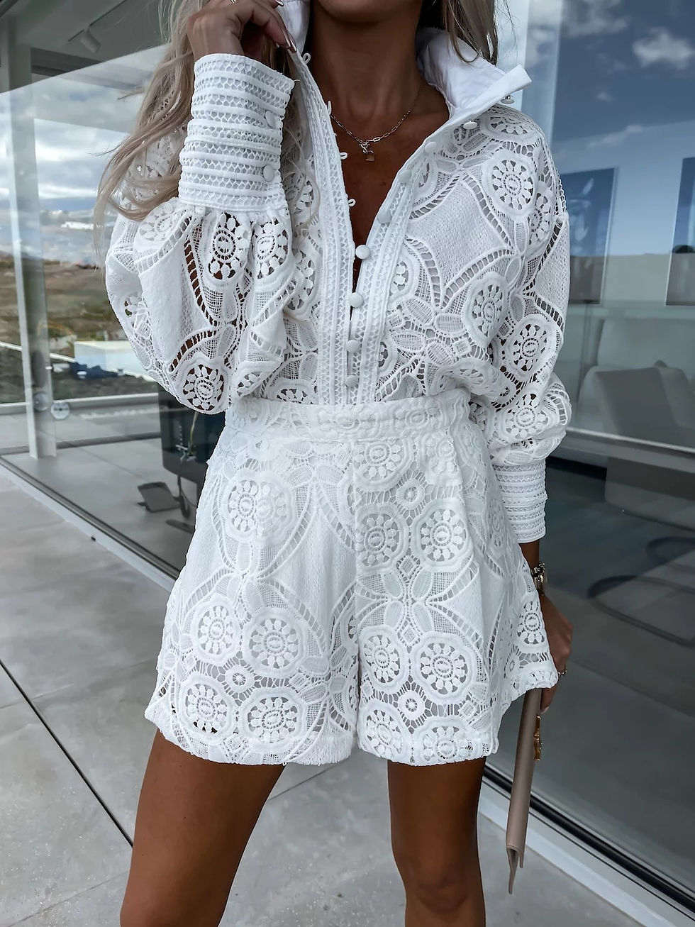 Thumbnail: Vintage White Lace Shirt and Shorts Two-Piece Set