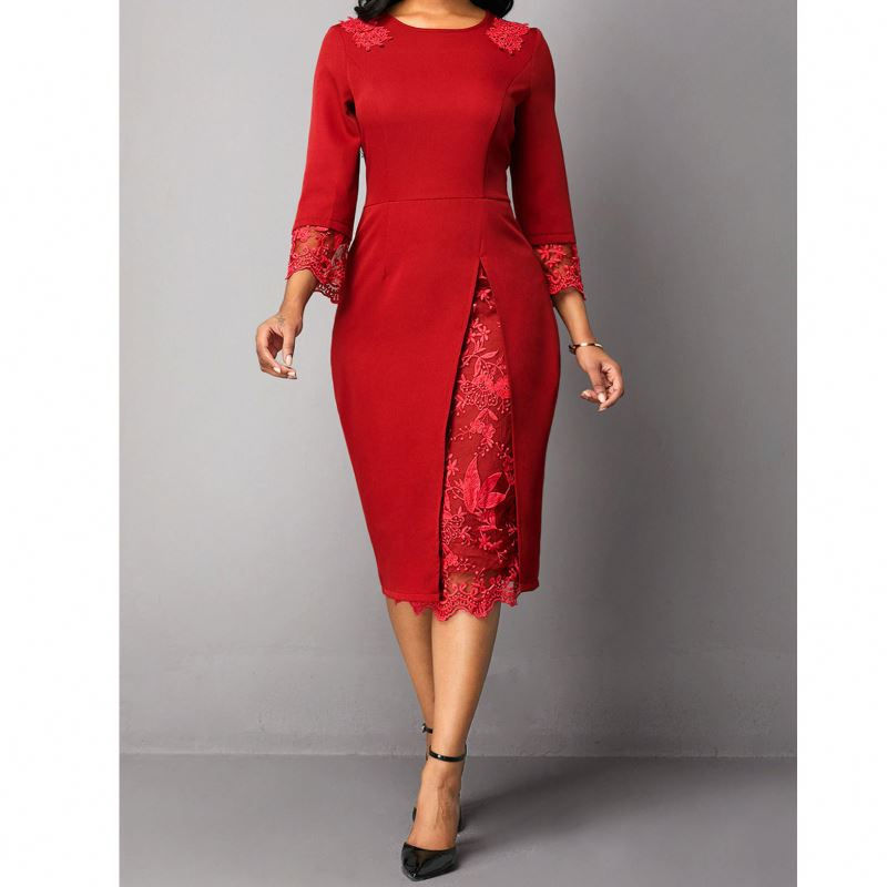 Thumbnail: Red O‑Neck Petal Sleeve Lace Patchwork Career Dress