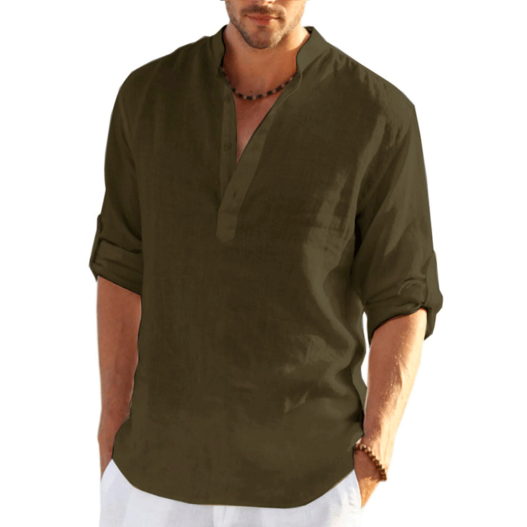 Thumbnail: Men's Cotton Linen Mandarin Collar Shirt – Long Sleeve Casual Spring Wear