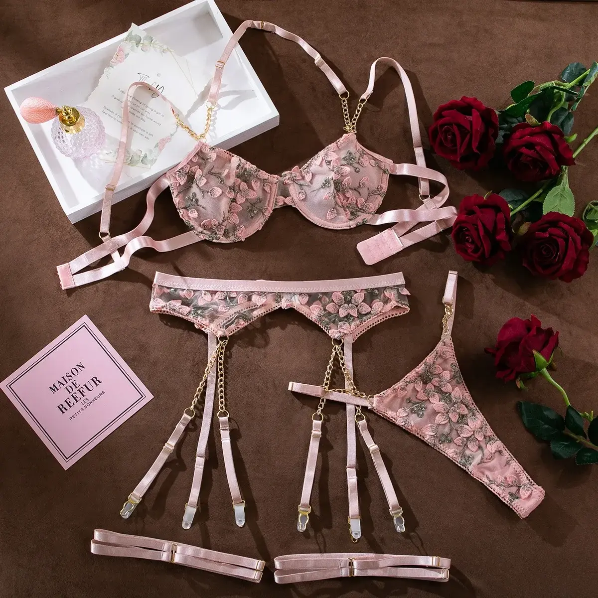 Women’s Embroidered Lace Sheer Lingerie Set with Chain Accent