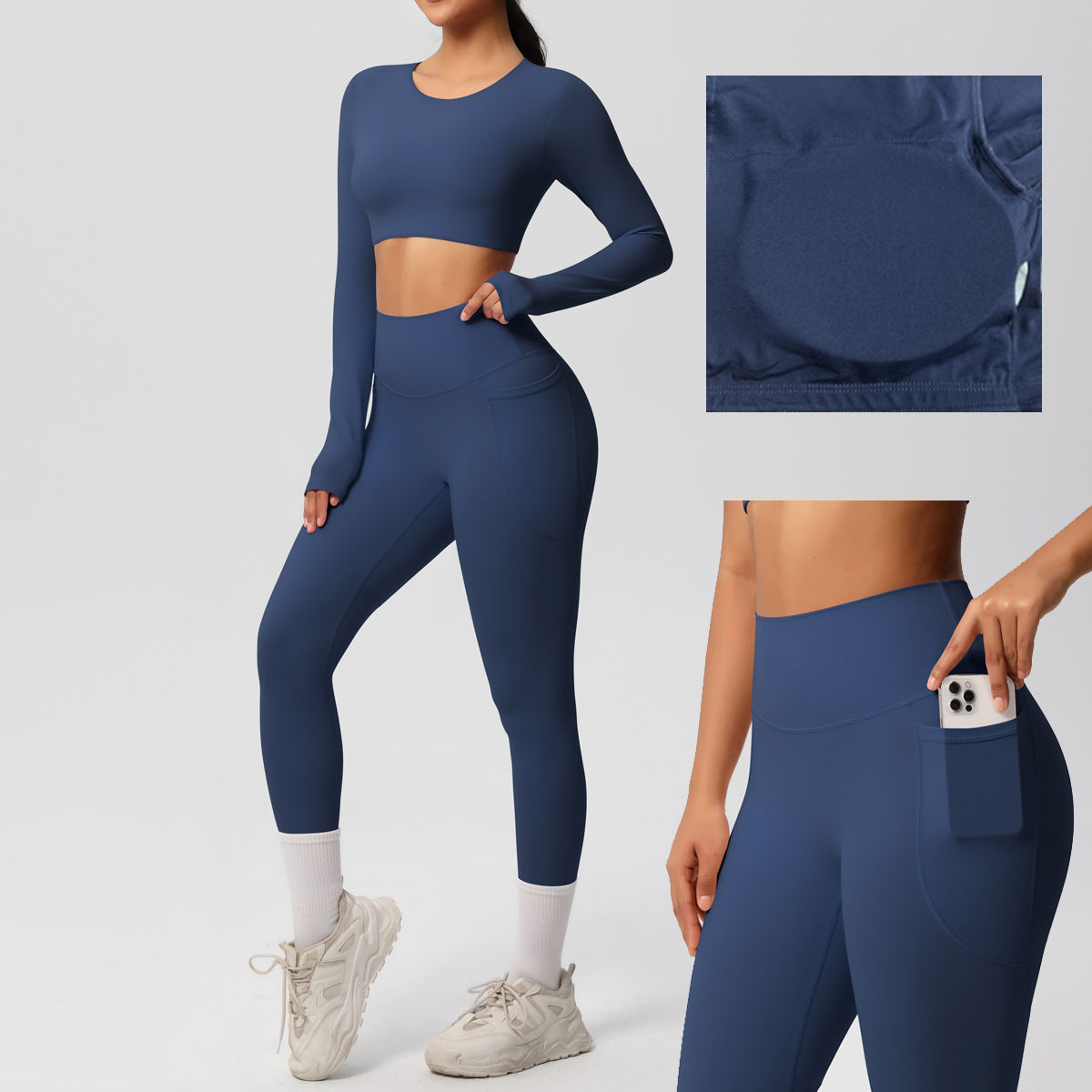 Women’s Pocketed Yoga Set – Long Sleeve Gym Top & Leggings Outfit