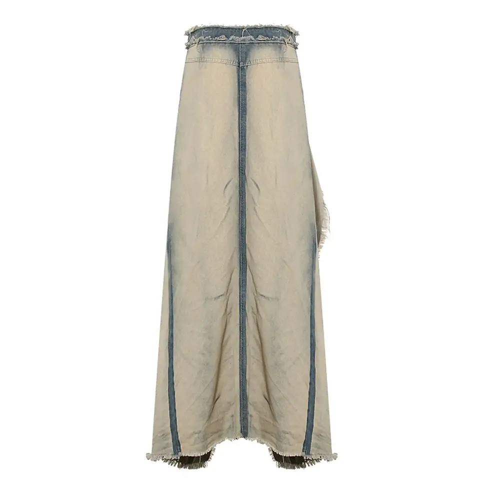 Thumbnail: Asymmetric Fade Denim Long Skirt for Women with Classical Splice and Unique Styl