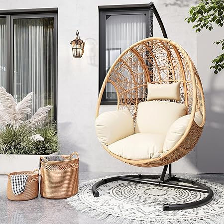 Oversized Hanging Egg Chair with Stand – Beige Wicker Indoor/Outdoor Swing