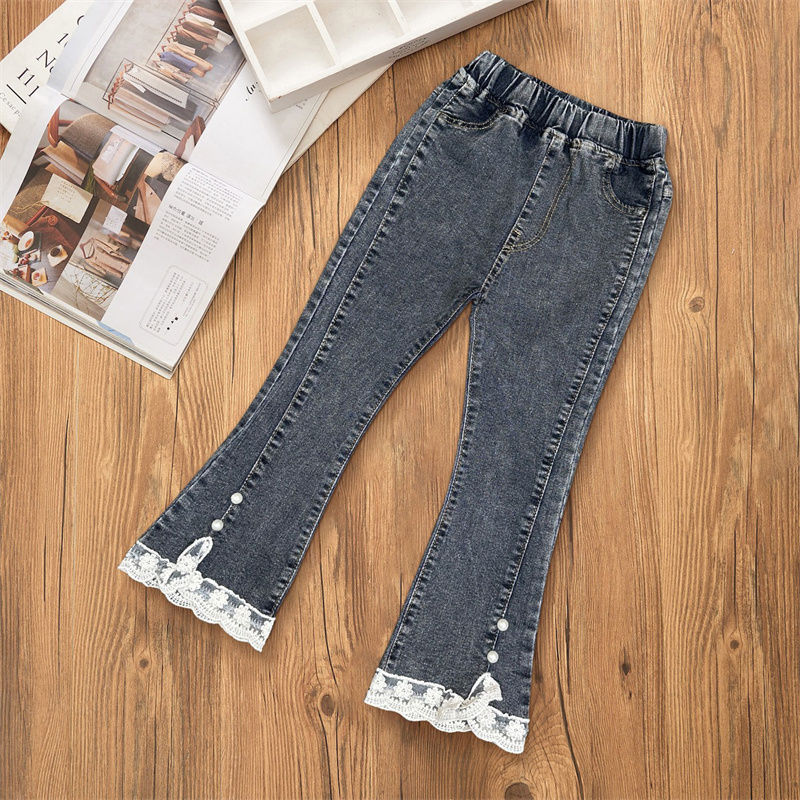 Thumbnail: Girls’ Bootcut Denim Jeans with Lace and Bead Details – Elastic Waist