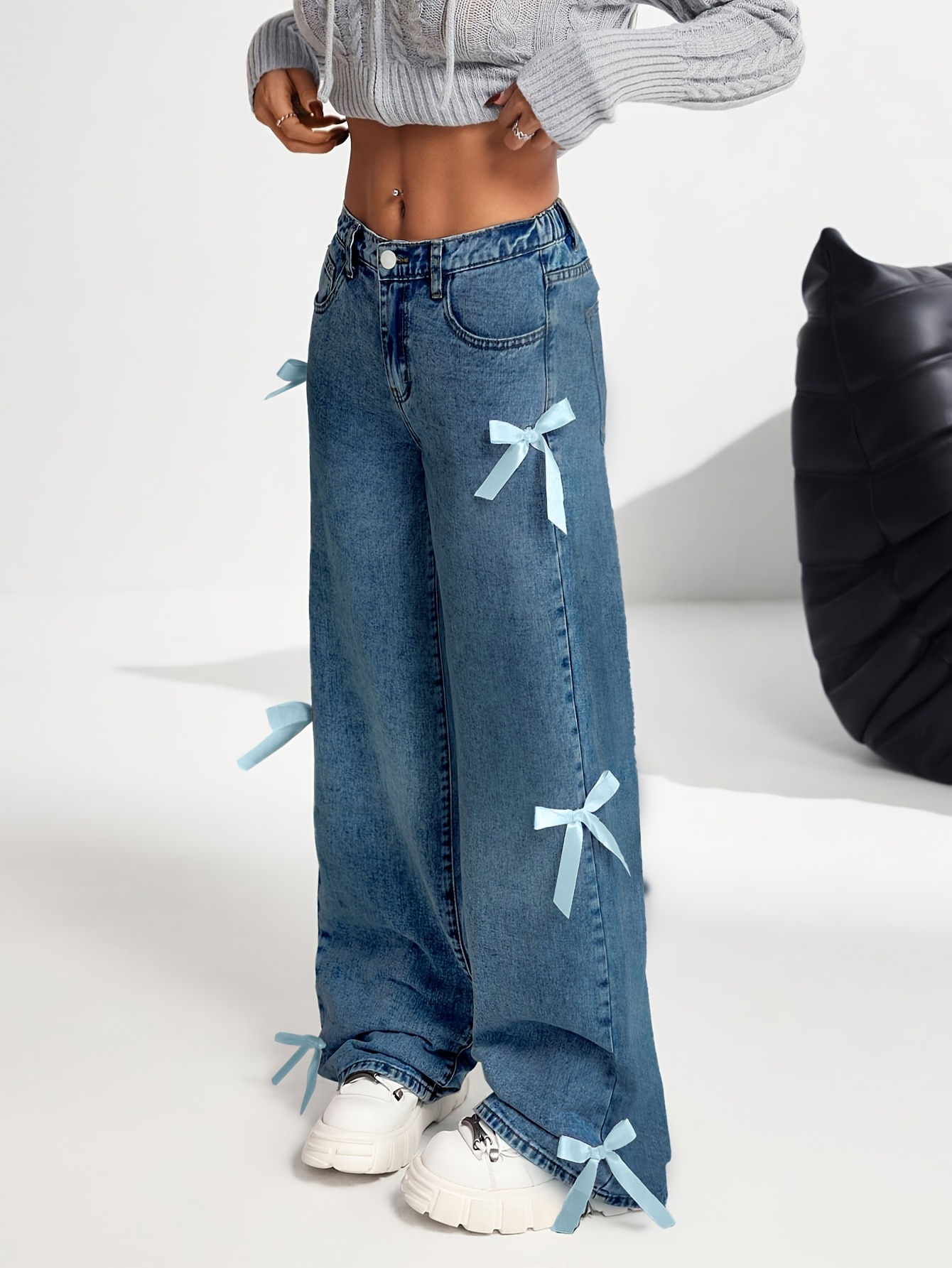 Y2K Bow-Washed Straight Leg Jeans for Teen Girls